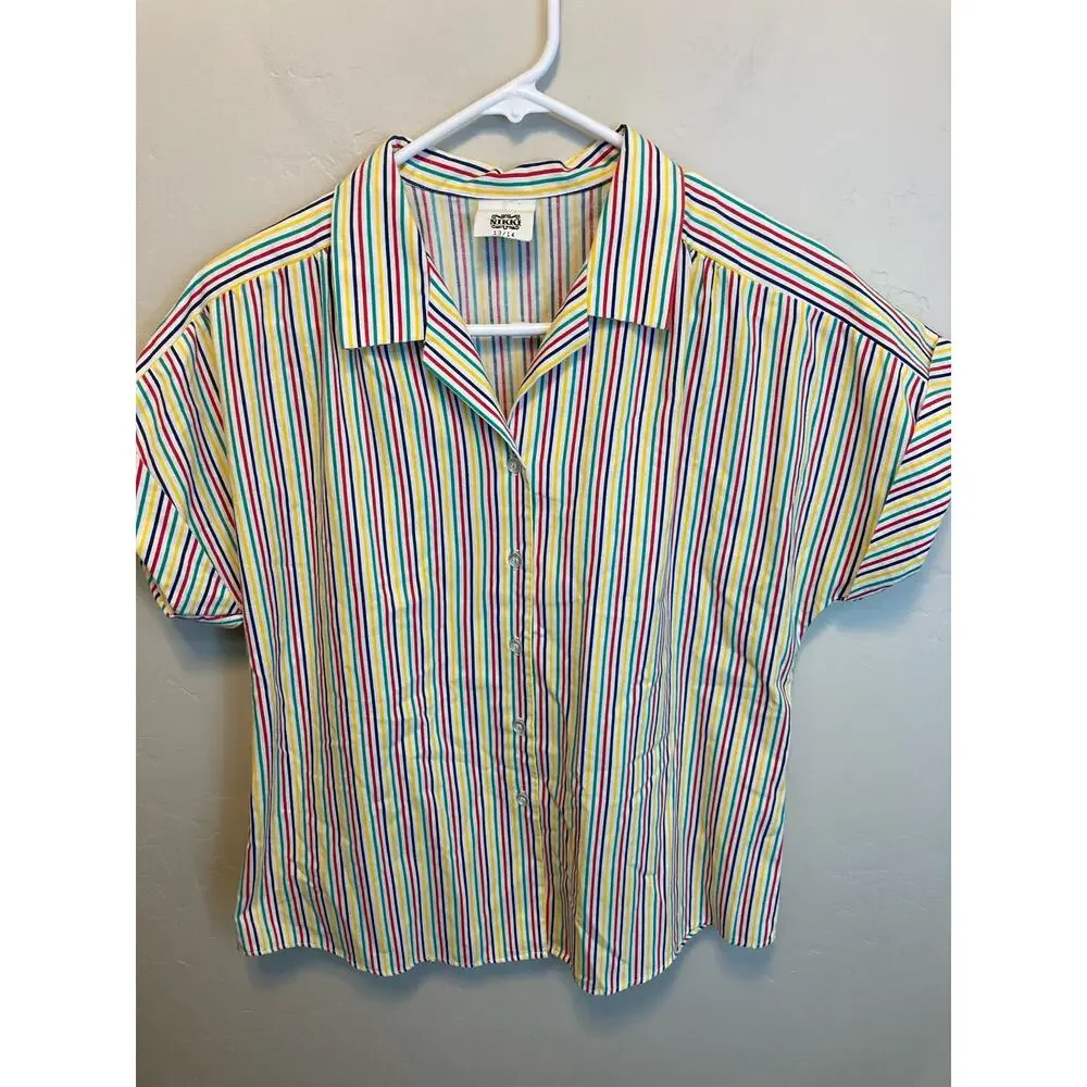 70's Vintage Nikki Rainbow Striped Short Sleeve Button Up Blouse Size 13/14 - Picture 8 of 12